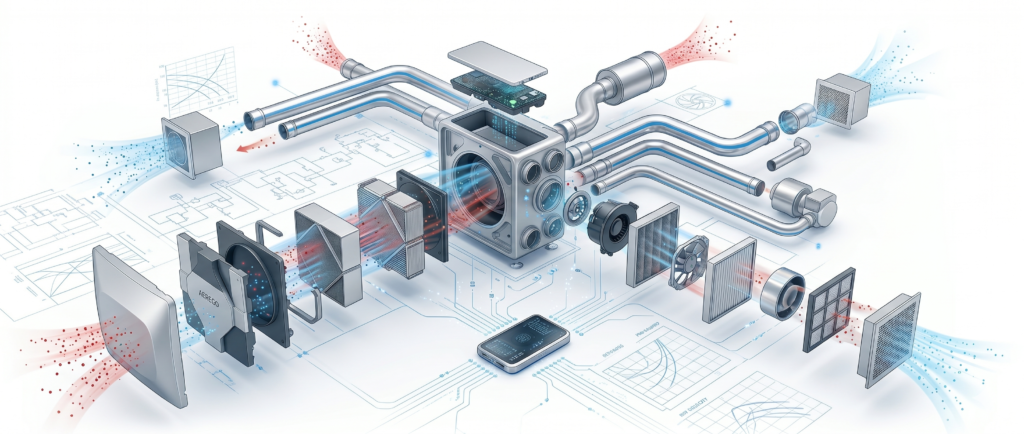 Mechanical ventilation system components — airflow paths, sensors, ducts and heat recovery unit