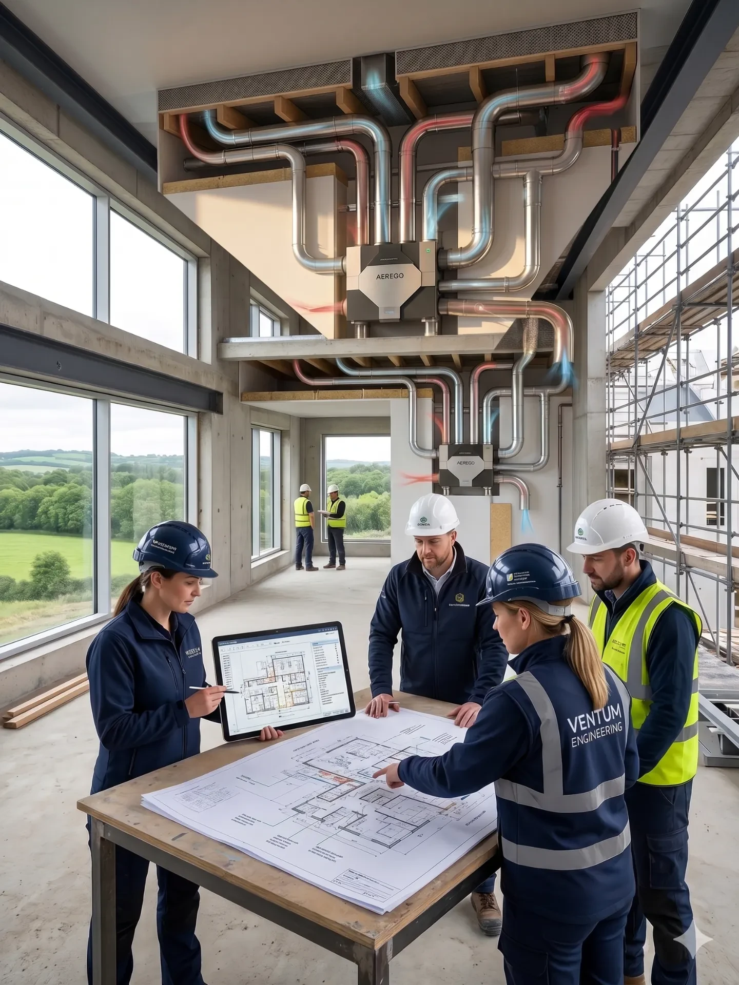 Ventum engineers meeting a developer and M&E coordinator on an Irish construction site