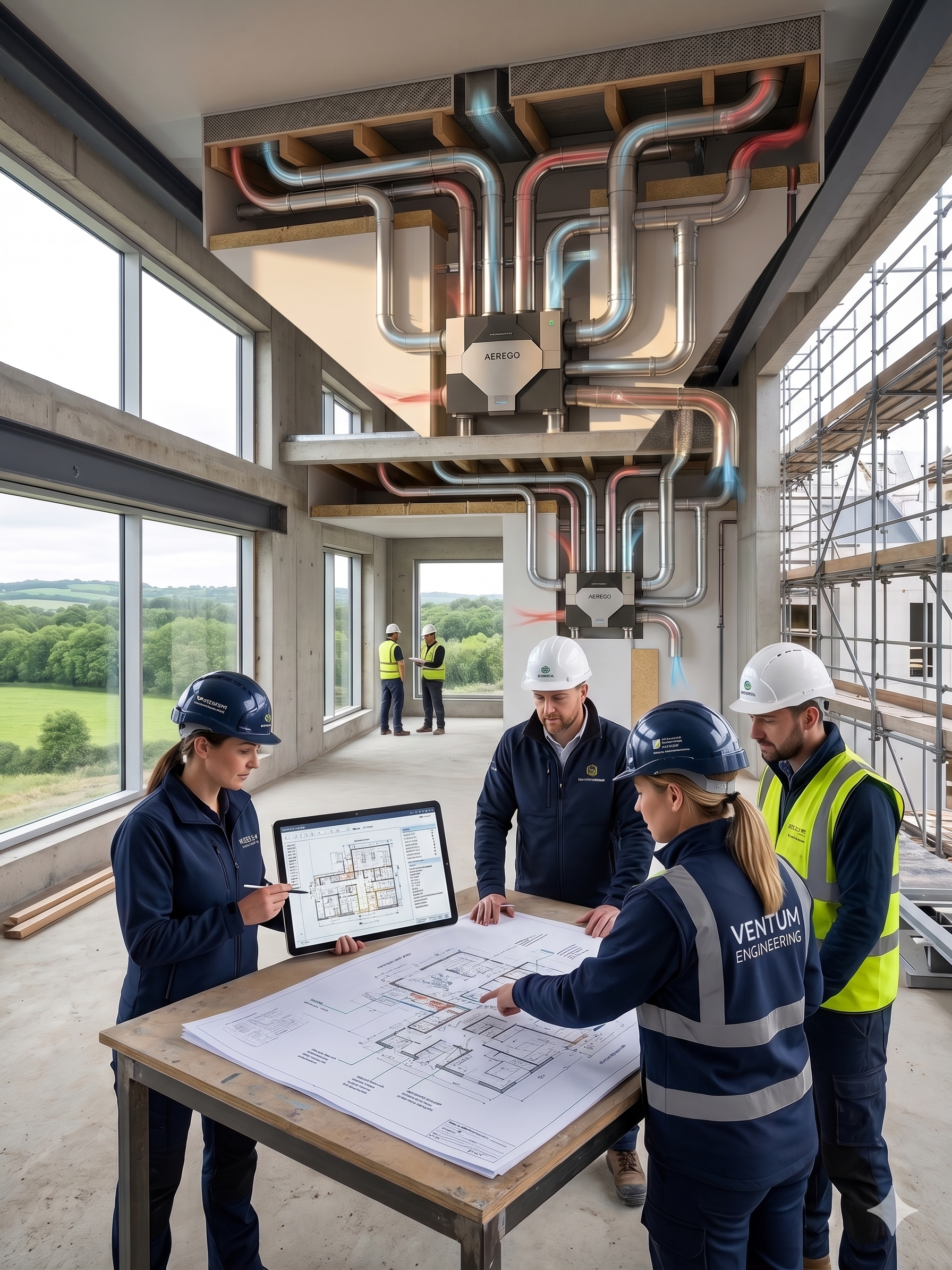 Ventum engineers meeting a developer and M&E coordinator on an Irish construction site